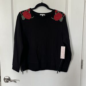 Crystal & Violet Women's Black Top With Rose Embroidered Shoulder & Back, Zip